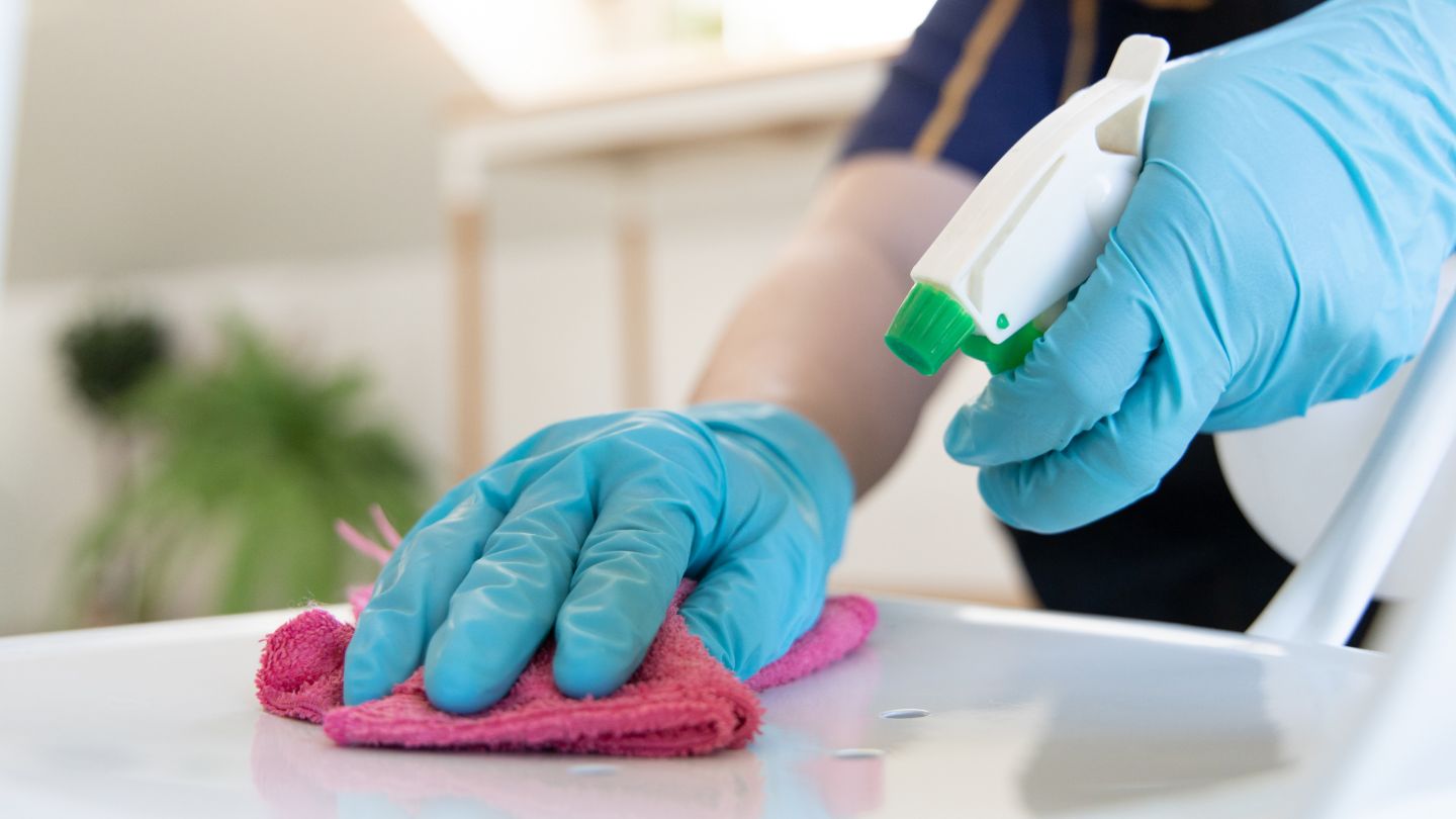 Professional bathroom cleaning with sanitizing spray and microfiber cloth on white surfaces