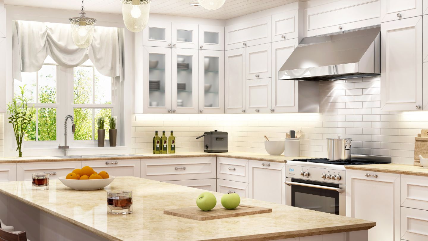 Pristine white kitchen with subway tile backsplash, butcher block countertops, and stainless steel appliances - perfect move-in ready condition